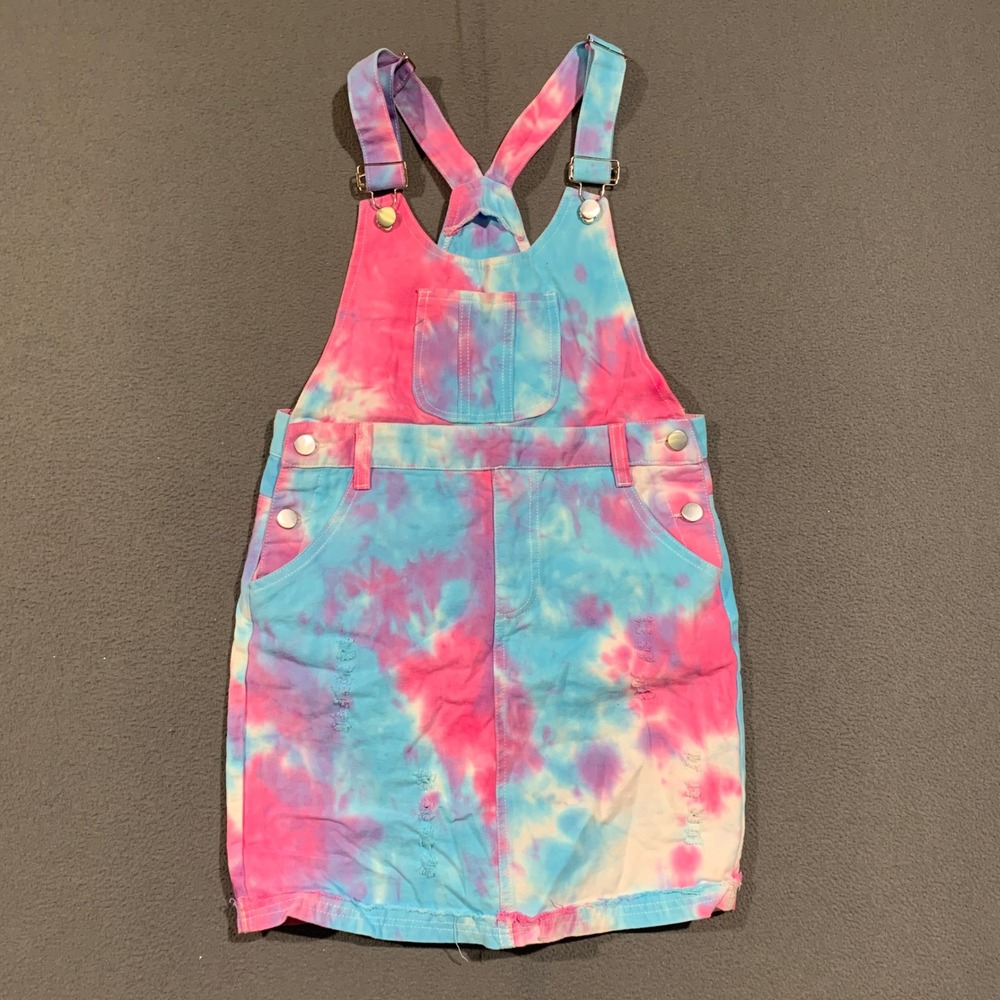 Unbranded Tie Dye Overall Dress Girls 16 Pink Blue Distressed Pinafore Skirtall
